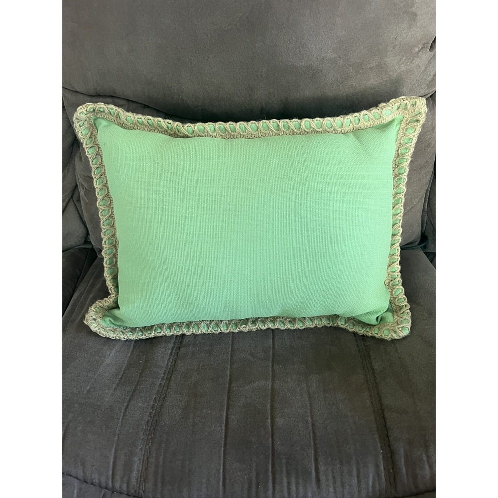 Jute Weaved Trim Lime Green Rectangular Throw pillow zips open